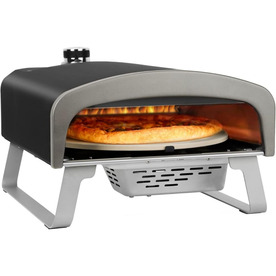 Q Pizza Gas Pizzaofen mit Automatischer Drehfunktion inkl. 33cm Pizzastein 50 mbar Gas Pizzaofen Outdoor inkl. Regler Gasschlauch fuer Garten Schwarz