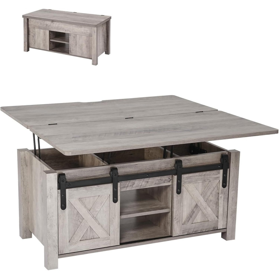 Lift Top Couchtisch 100 cm Grau eiche rustikaler Kaffeetisch mit Scheunentor verstecktem Staufach rechteckige Hubtischplatte fuer Wohnzimmer Buero