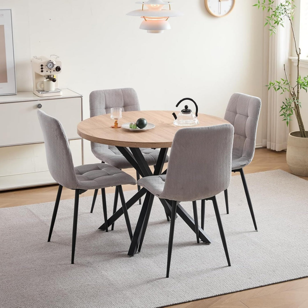 Esstisch- und Stuhlset Grau hellgrau 4 Cord mit Hoher Rueckenlehne und EIN 100 cm Langer Moderner Runder Esstisch Geeignet fuer Kuechen