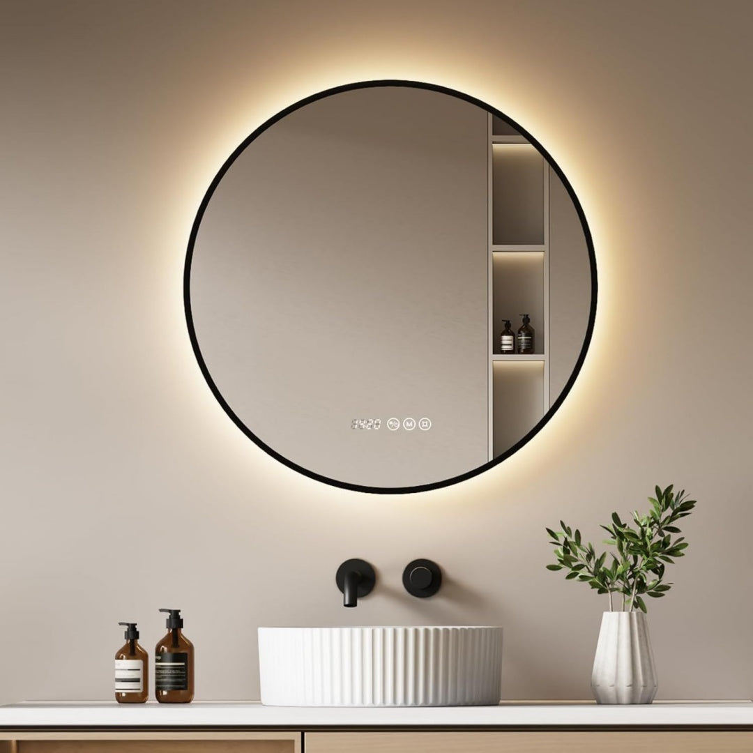 EMKE Badspiegel mit Beleuchtung Rund 70cm Schwarz Schwarzer Antibeschlag und Dimmbar LED Badezimmerspiegel mit Anti-Beschlag