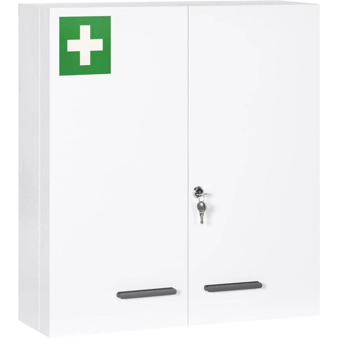 Kleankin Medizinschrank Abschliessbar mit 2 Tueren 6 Regale Weiß 55 x 18 x 60 cm Erste-Hilfe-Schrank Fuer Kueche Flur Wohnzimmer