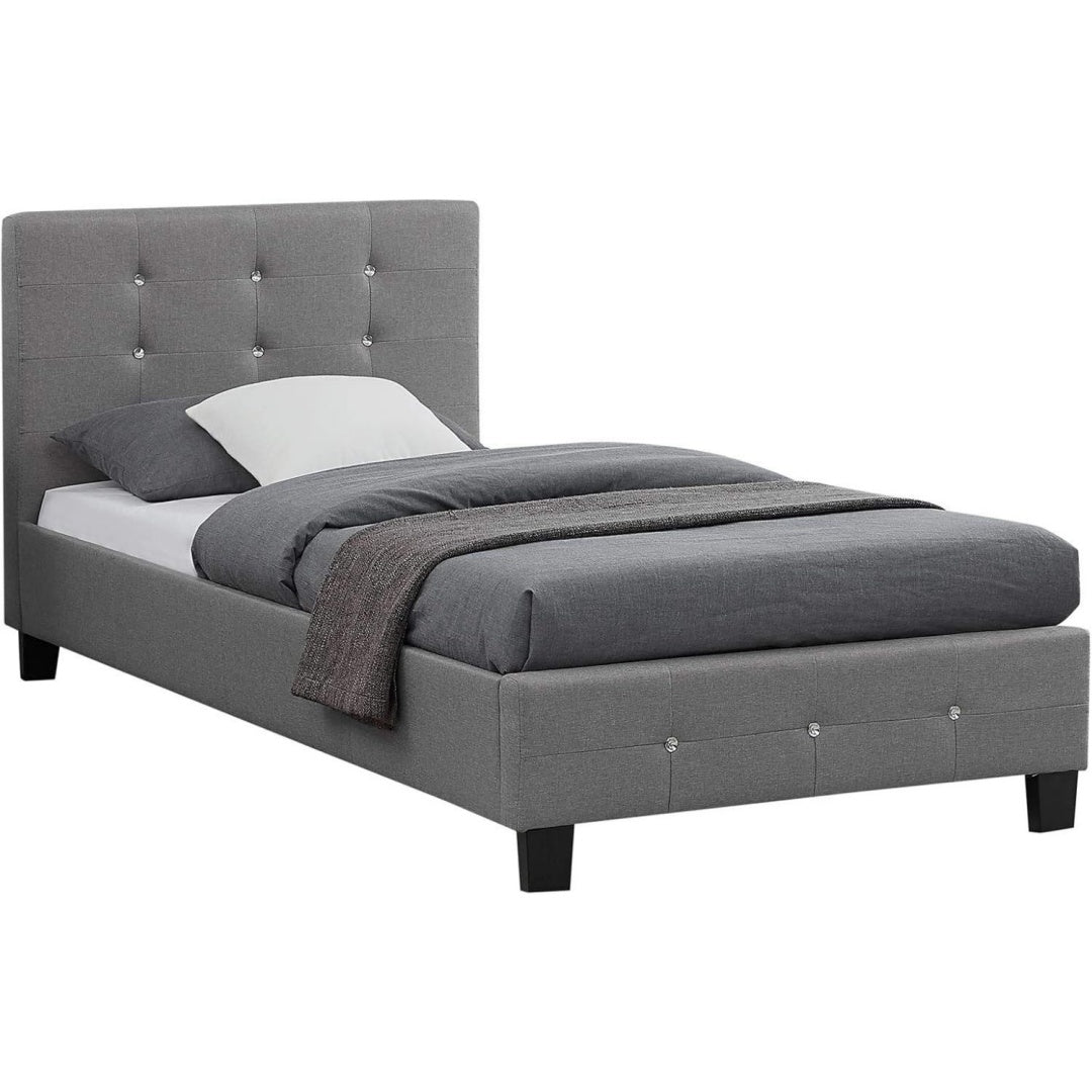 CARO-Moebel Polsterbett Delaware Bettgestell Einzelbett Designbett mit Strasssteinen inklusive Lattenrost Textilbezug in Grau 90 x 200 cm