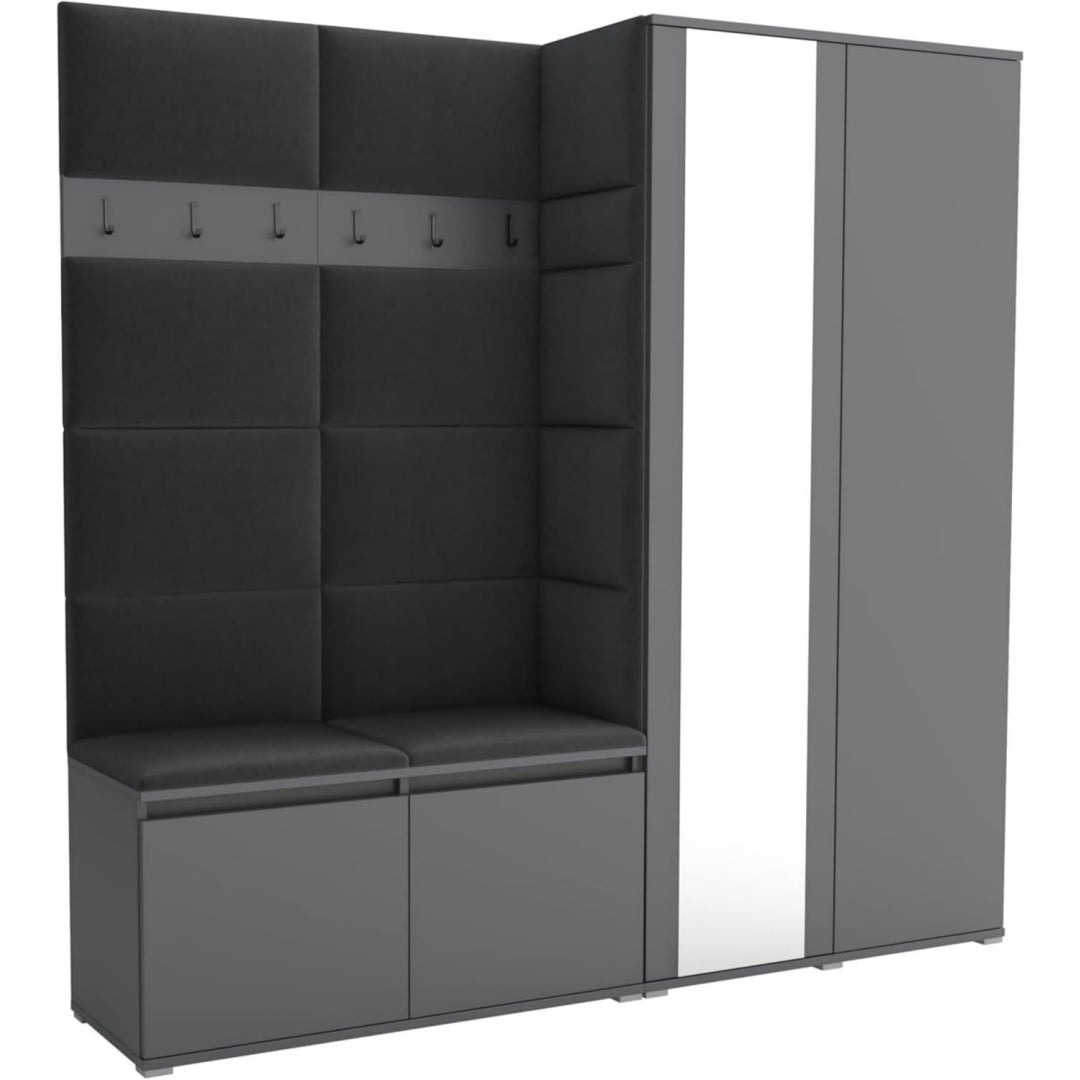 Flurgarderobe Luton 4 Schwarz grau Garderobe Set Schuhbank mit Sitzflaeche Garderobenpaneel