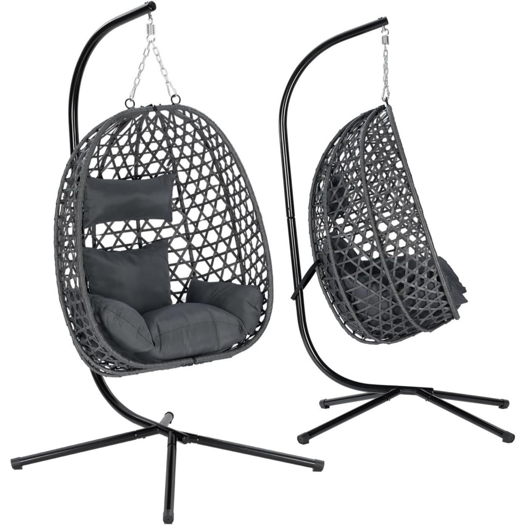 Haengesessel mit Gestell PE- 150kg PE- Metallgestell mit Kissen Kopfstuetze Indoor Outdoor 150kg Grau rattan