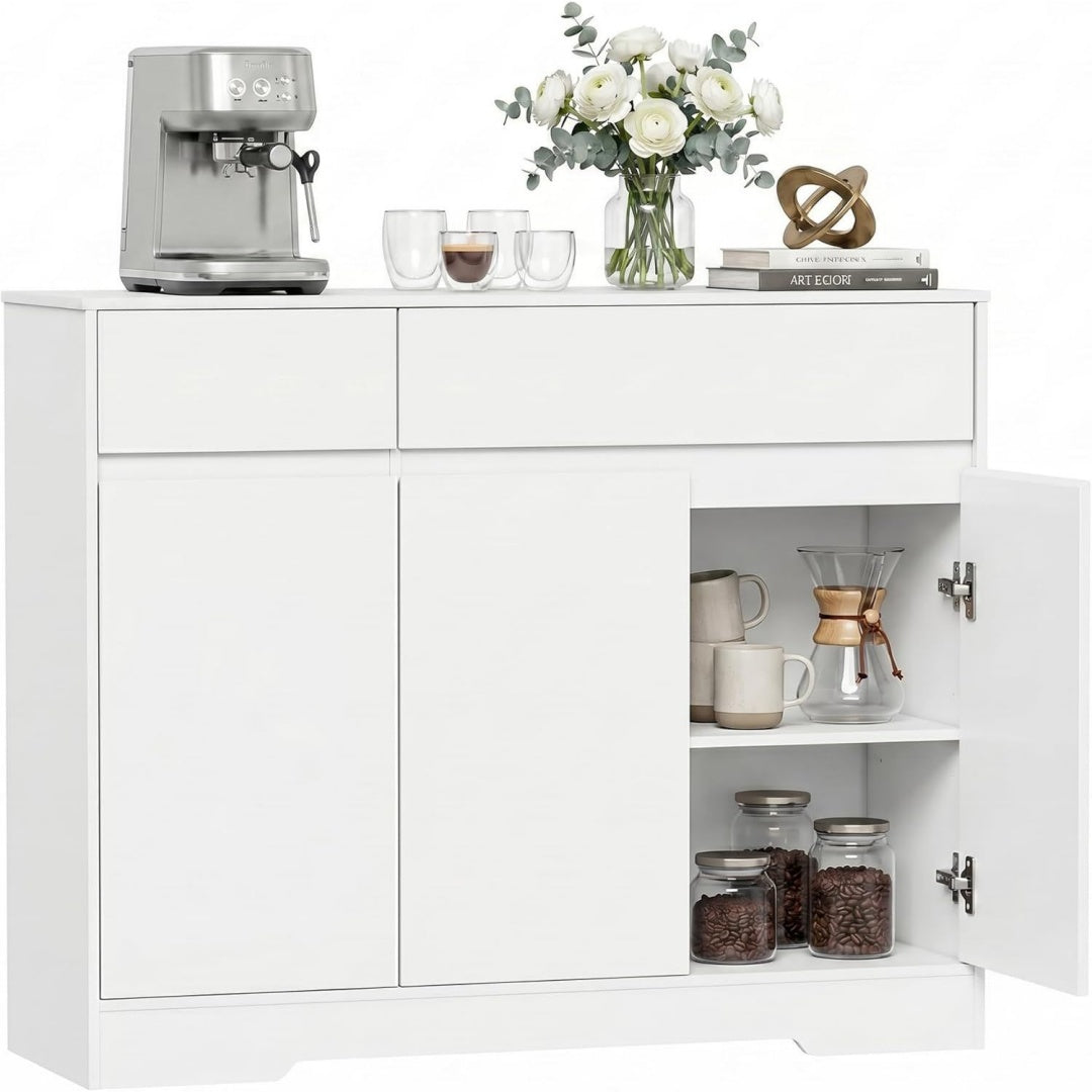 Sideboard 100 cm mit 2 Schubladen Weiß 3 Tueren und Einlegeboeden Verstellbare Einlegeboeden