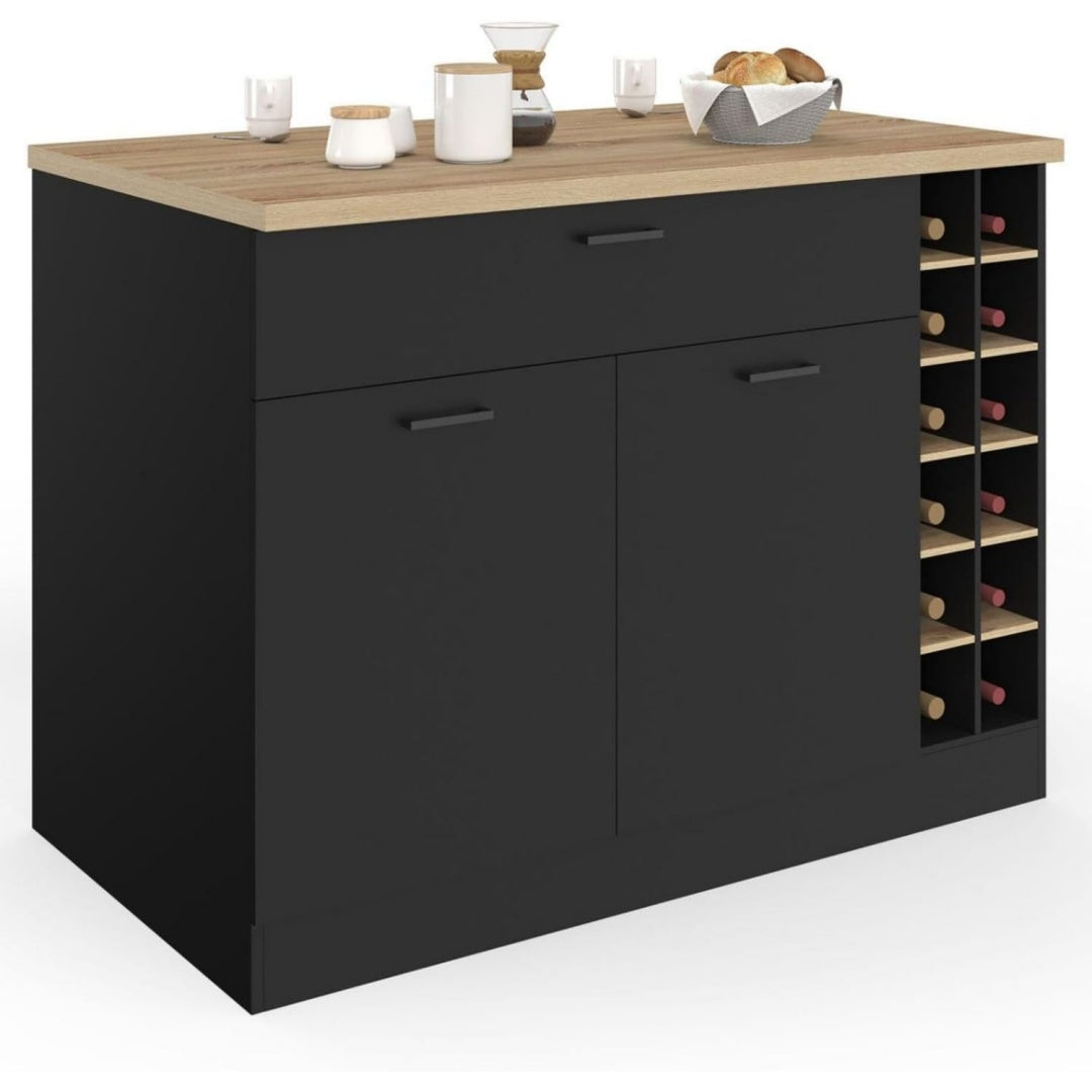IDMarket - Insel Central George mit Flaschenregal Schwarz holz Schrank und Schublade mit Arbeitsplatte in -Optik