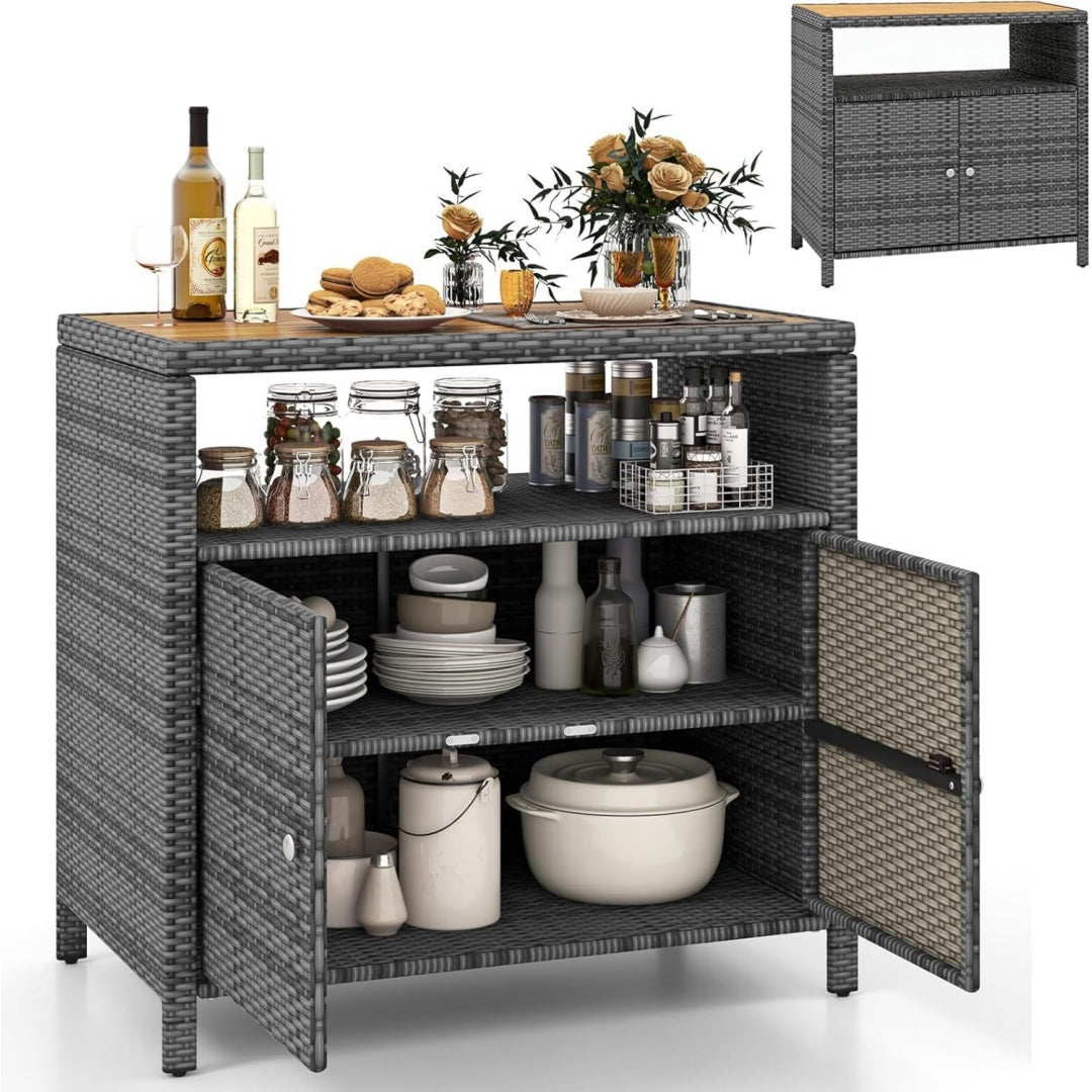 GYMAX Gartenschrank Grau rattan 90 x 53 x 86 cm Terrassenschrank mit Doppeltuer Akazienholz-Arbeitsplatte offenes Regal