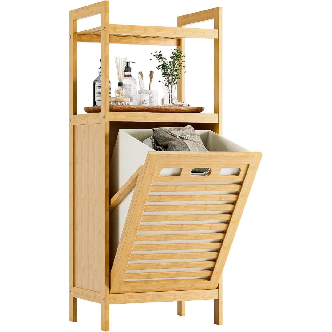 HITNET Badschrank mit Waeschekorb natur Waescheschrank Bambus Badezimmerschrank mit Waeschesammler und 2 Offene Regale