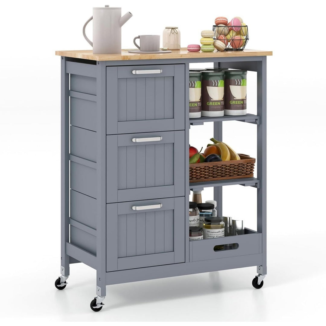 Kuechenwagen mit Tablett Grau 67 x 37 x 83,5 cm Regalen und 3 grossen Schubladen Kuechenschrank rollbar