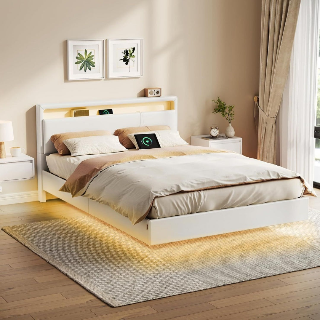 Bettgestell Weiß 140 x 200 cm mit LED-Beleuchtung Ladestation