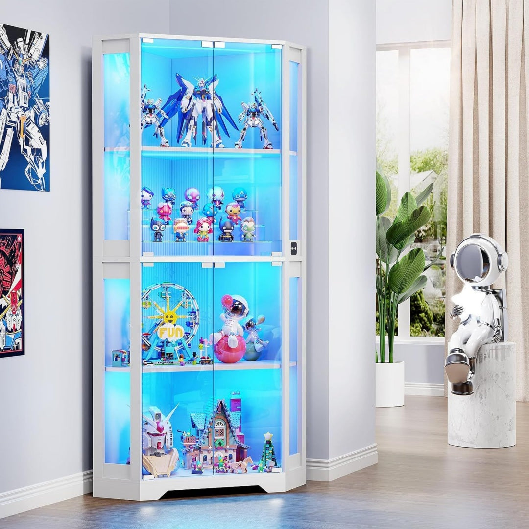 Eckvitrine mit Glastueren Weiß Tall 165cm Eck Buecherregal mit 3 Farben Led Beleuchtung 4-Ebenen Vitrinenschrank mit Intelligente Sensorik fuer