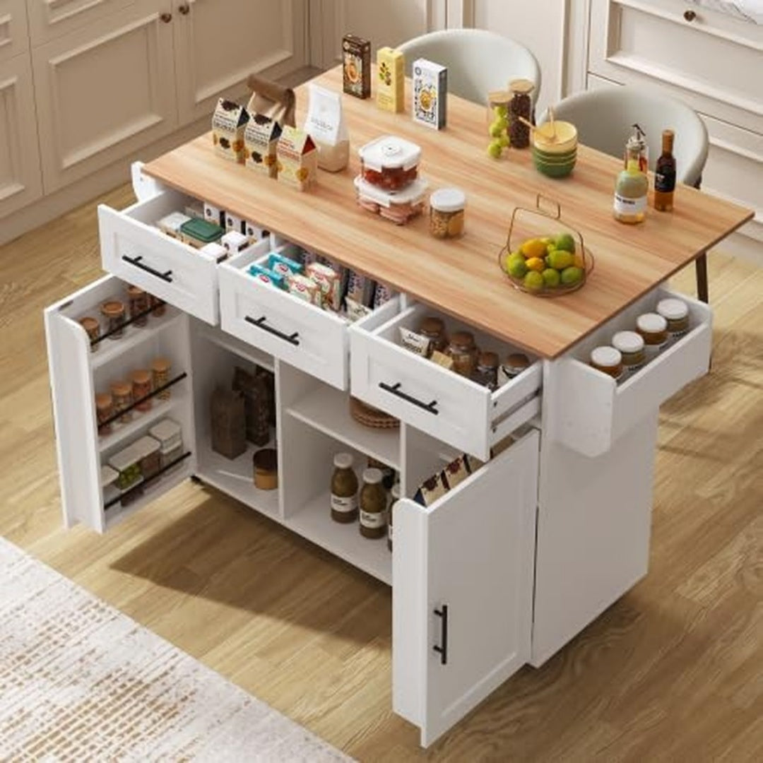 Kuecheninsel mit abklappbarer Arbeitsplatte 139x46 bewegliche Kuecheninsel Servierwagen auf Rollen mit 3 Schubladen/2 Schliessfach/auswechselbare