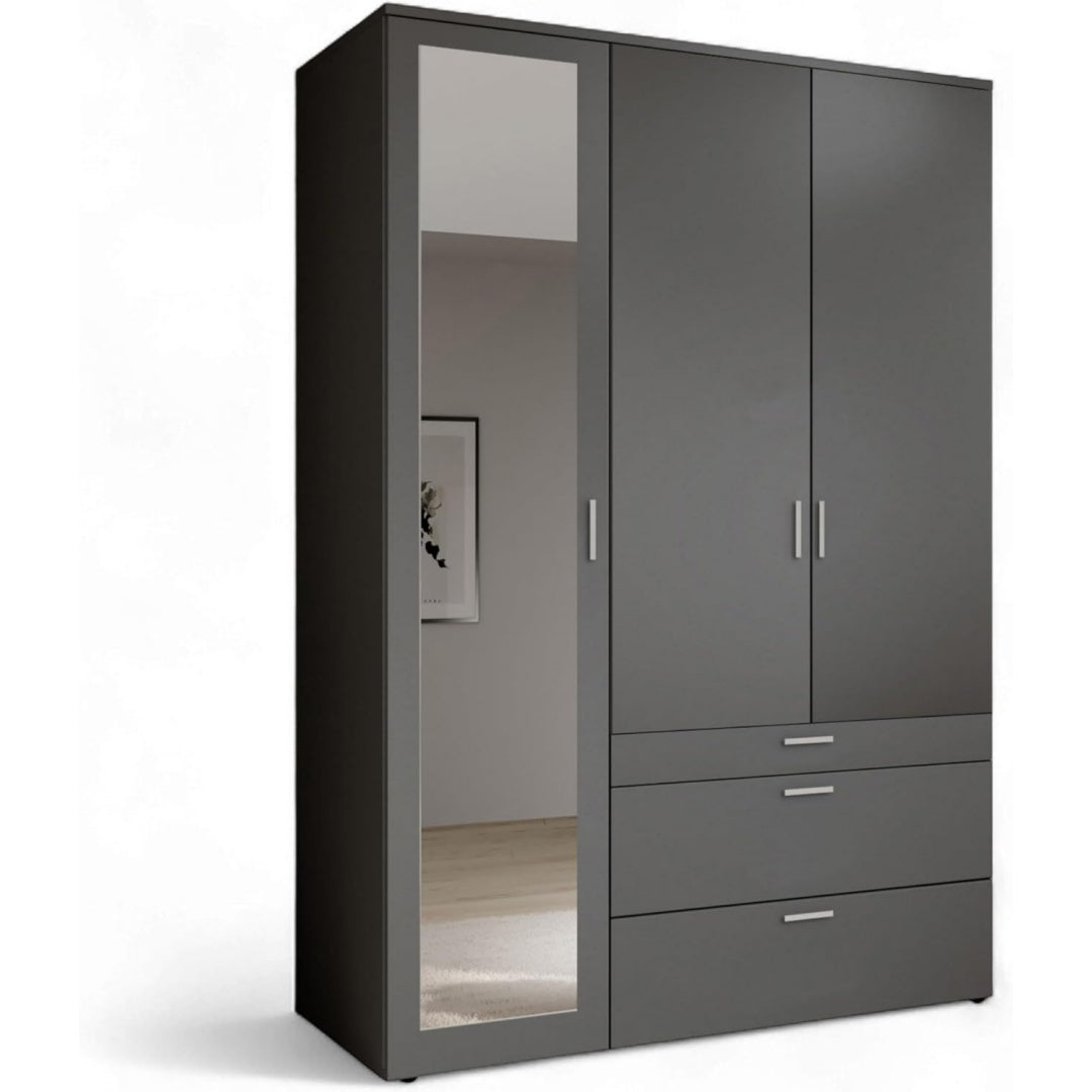 VESALA Kleiderschrank Schrank mit Spiegeltuer Drehtuerenschrank Graphit (B/H/T) 135 x 195 x 56 cm 3-tuerig 3 Schubladen