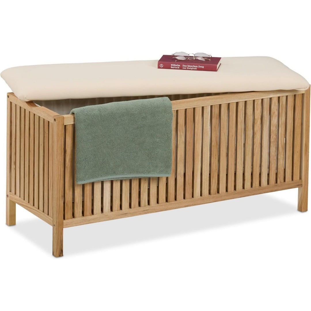 Relaxdays Waeschetruhe mit Sitz Weiß natur 50x100x38 cm Badhocker mit Stauraum 100 l Waeschesammler