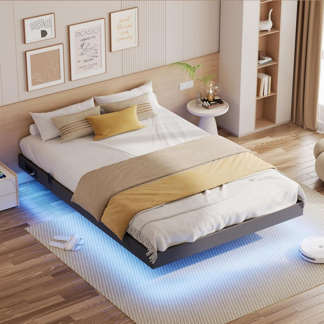 Bettgestell Grau 140x200 cm Schwebender Bett mit LED Beleuchtung Gepolsterte Seitenwaende