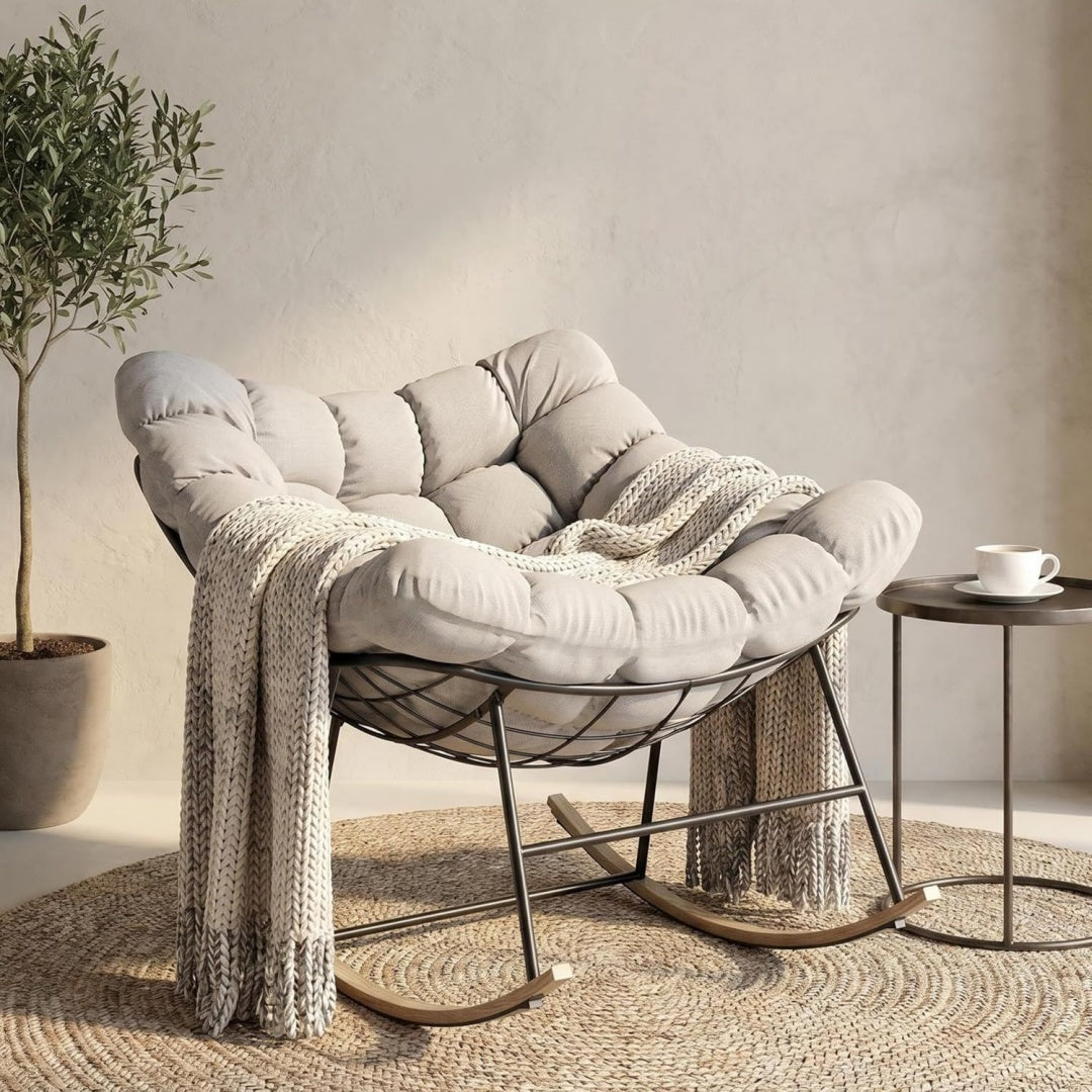 XXL Schaukelstuhl Outdoor Beige Relaxsessel Garten mit Dicker Polsterung Seitentasche
