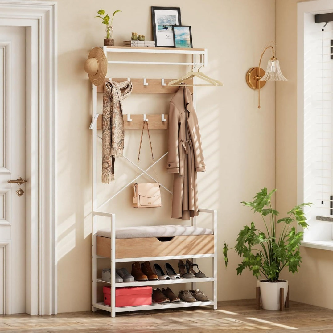Garderobenstaender mit Sitzbank und Schuhregal 80x30x180cm 10 Haken Modular Garderobe Kleiderstaender