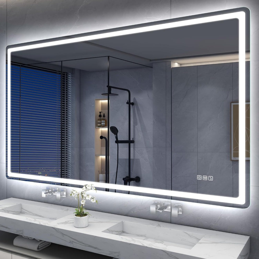 Sbagno Rahmenloser Bluetooth Badezimmerspiegel-mit-Beleuchtung LED-Spiegel-Bad aus ESG-Glas 140x80cm mit Antibeschlag 3 Lichtfarben Dimmbar