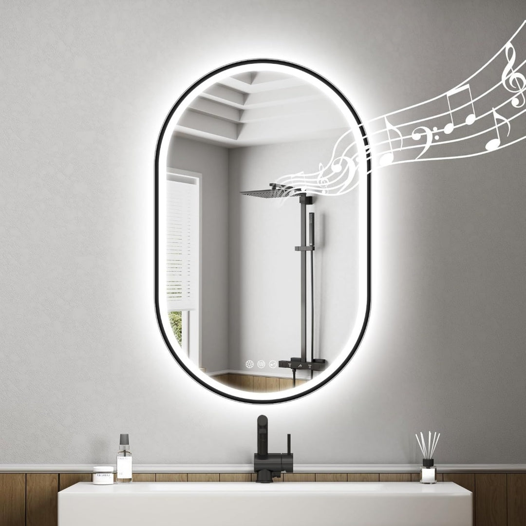STARLEAD Oval-LED-Badspiegel-mit-Beleuchtung Schwarz 80x50cm Bluetooth Dimmbar