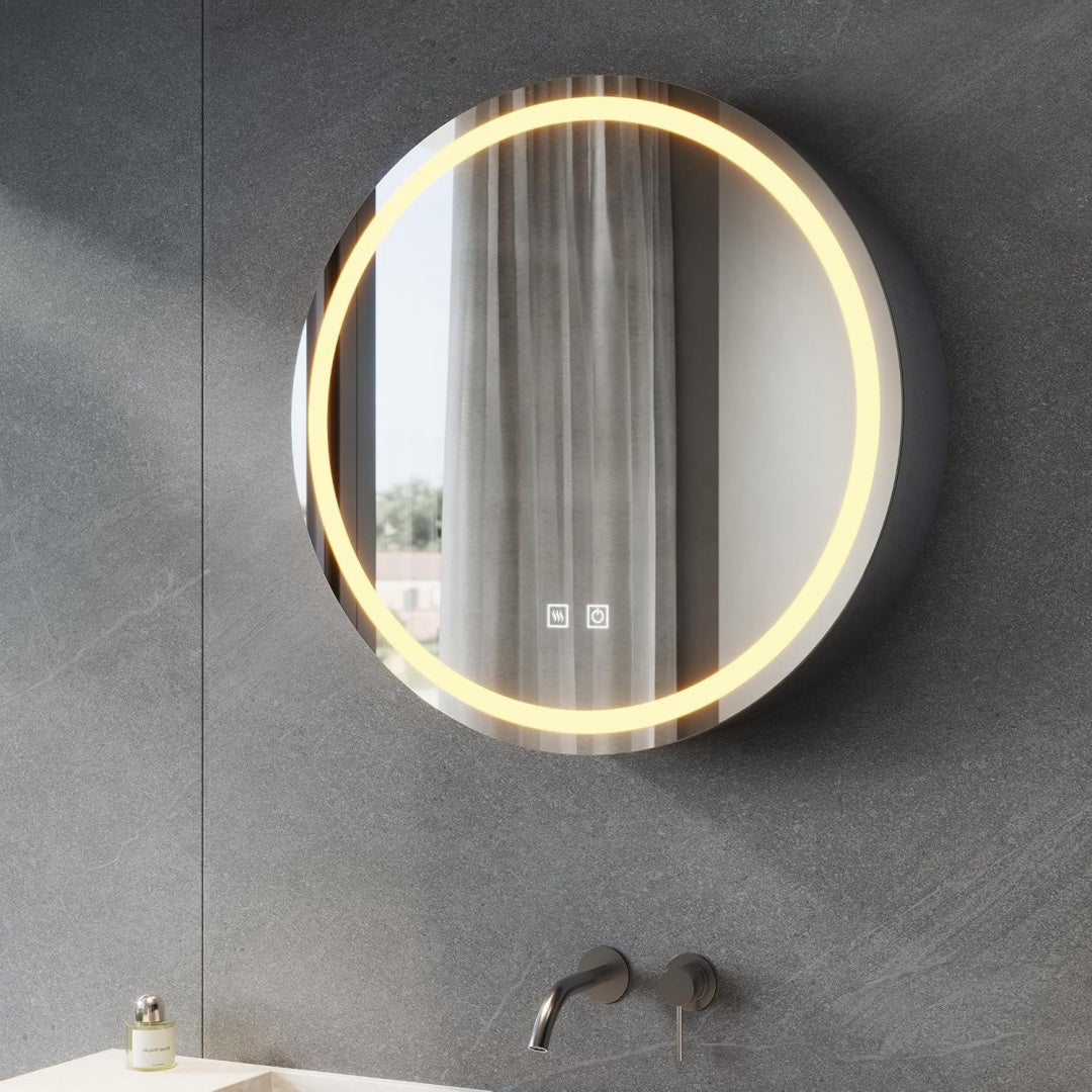 SONNI Spiegelschrank Bad mit Beleuchtung Rund 60cm Steckdose 3 Lichtfarben Grau dimmbar mit Memory
