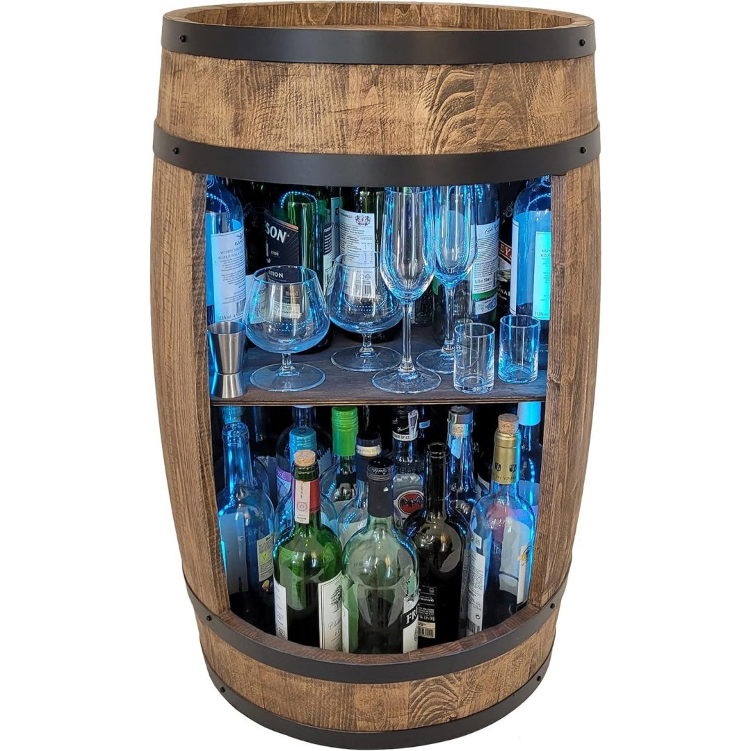 Weinfass als Weinregal - Weinschrank Barschrank LED RGB Leuchten holz Bar Tisch aus Holzfass