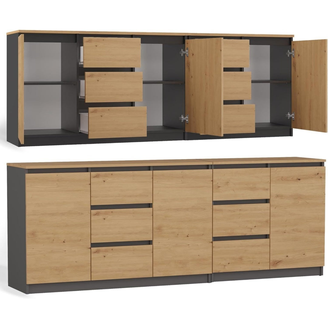 Sideboard 200cm Kommode grifflos 3X Tuer 6 Schubladen Buero Flur Kaschmir Anrichte Wohnzimmer Schrank modernes Moebelset viel Stauraum Schlafzimmer