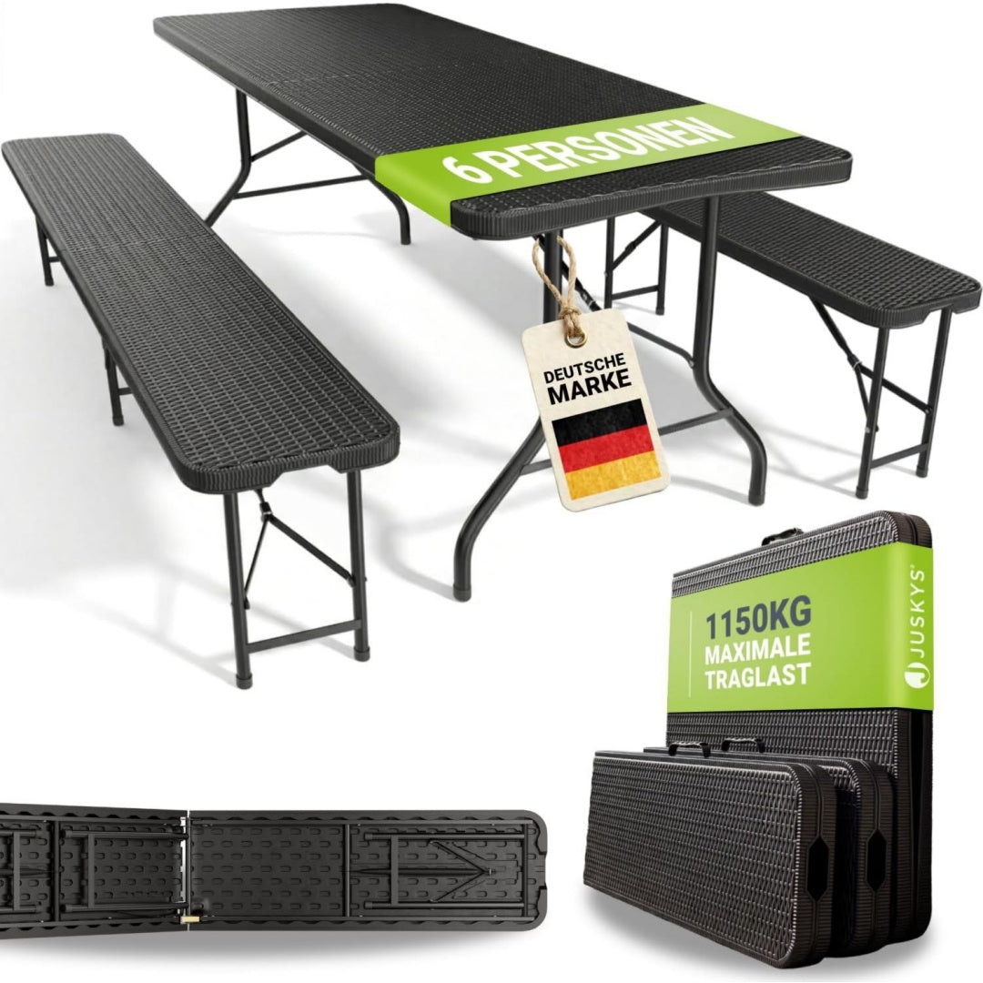Bierzeltgarnitur Amberg 3-teilig klappbar - -2 Bierbaenke Biertisch in -Optik Gartenmoebel-Set Festzeltgarnitur Camping rattan 180 x 74 x 74