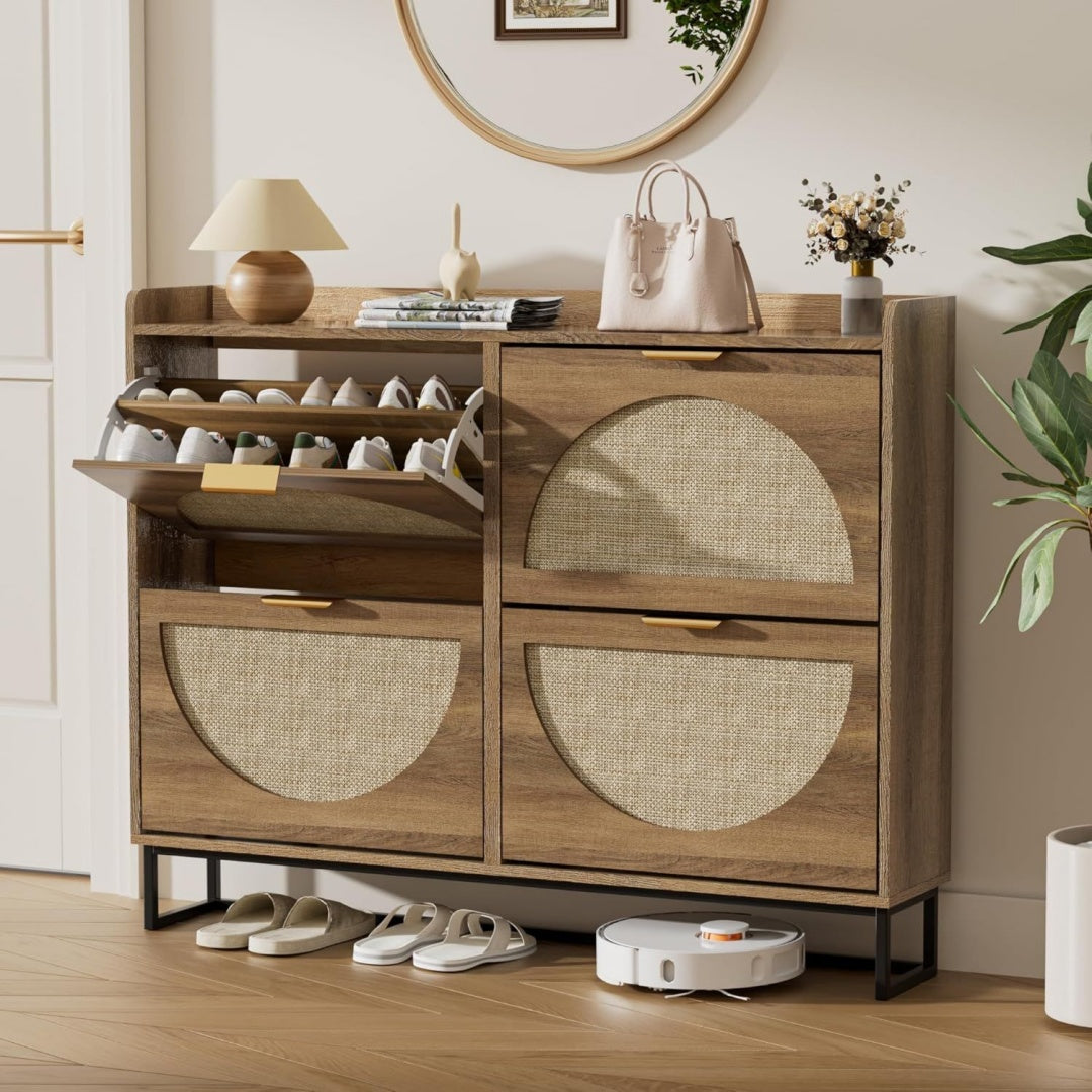 Schuhkommode mit 4 Klappfaechern holz rattan 120x24x95cm Grosser Schuhschrank Schmal Schuhaufbewahrung mit Stauraum Fuer Flur Eingangsbereich