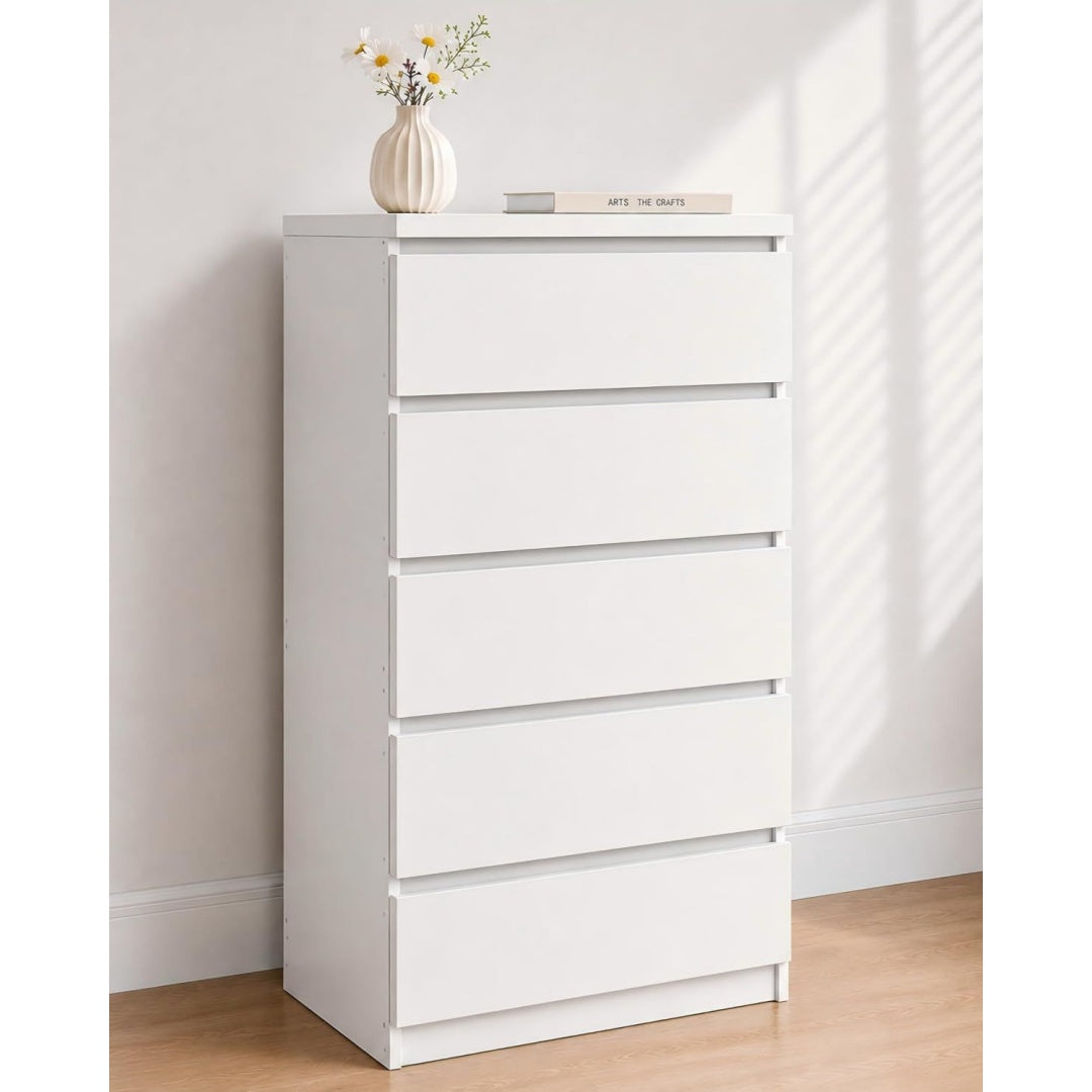 Kommode mit 5 Schubladen Weiß 60 x 40 x 121 cm Mehrzweckschrank Schubladenschrank Sideboard schmal fuer Schlafzimmer